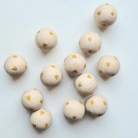 Houten kraal | Doll van Joyce | 2 stuks | Blank met gele hartjes